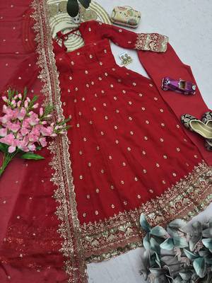 Red fendy silk embroidered sequince work anarkali kurta set 2