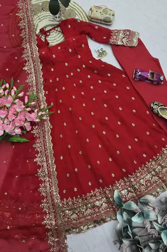 Red fendy silk embroidered sequince work anarkali kurta set