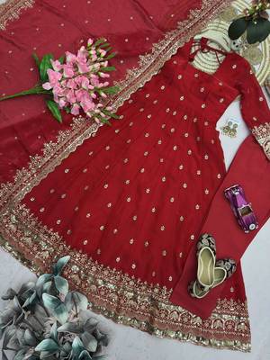 Red fendy silk embroidered sequince work anarkali kurta set 3