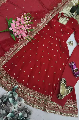 Red fendy silk embroidered sequince work anarkali kurta set