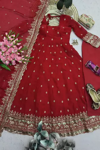Red fendy silk embroidered sequince work anarkali kurta set