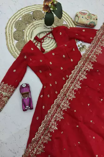 Red fendy silk embroidered sequince work anarkali kurta set