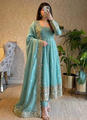 Seagreen fendy silk embroidered sequince work anarkali kurta set 1