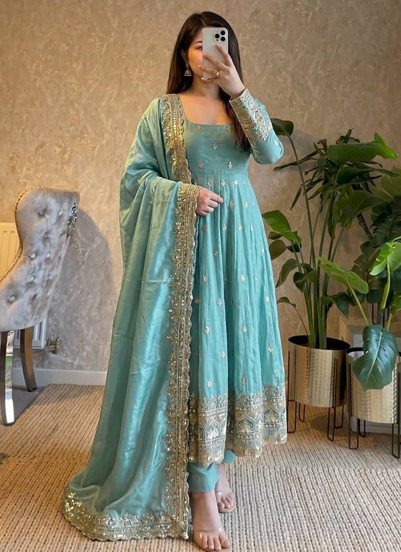Seagreen fendy silk embroidered sequince work anarkali kurta set