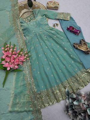Seagreen fendy silk embroidered sequince work anarkali kurta set 2