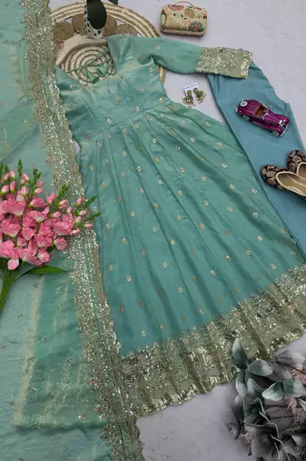 Seagreen fendy silk embroidered sequince work anarkali kurta set