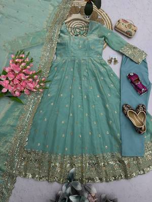 Seagreen fendy silk embroidered sequince work anarkali kurta set 3