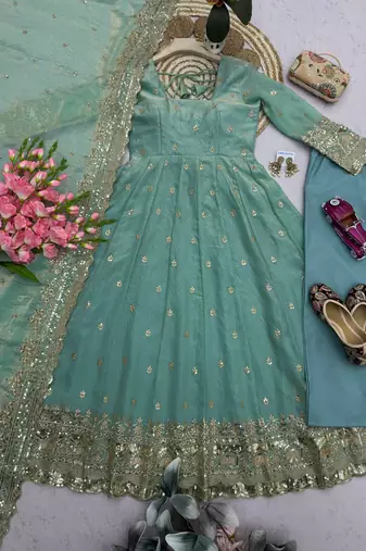 Seagreen fendy silk embroidered sequince work anarkali kurta set