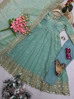 Seagreen fendy silk embroidered sequince work anarkali kurta set 4
