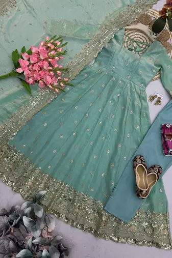 Seagreen fendy silk embroidered sequince work anarkali kurta set