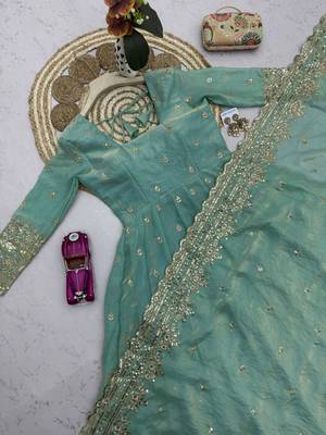 Seagreen fendy silk embroidered sequince work anarkali kurta set 5