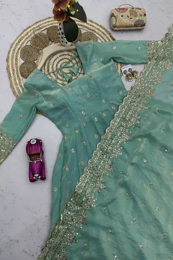 Seagreen fendy silk embroidered sequince work anarkali kurta set