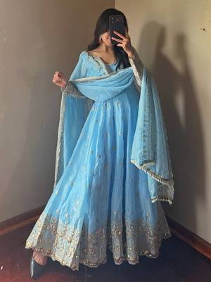 Skyblue fendy silk embroidered sequince work anarkali kurta set 1