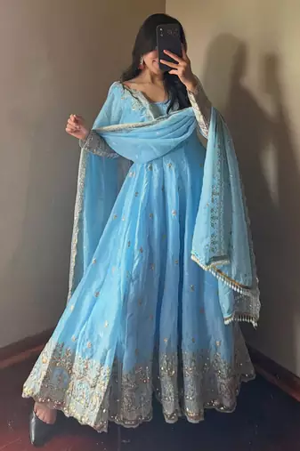 Skyblue fendy silk embroidered sequince work anarkali kurta set