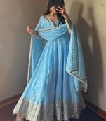 Skyblue fendy silk embroidered sequince work anarkali kurta set