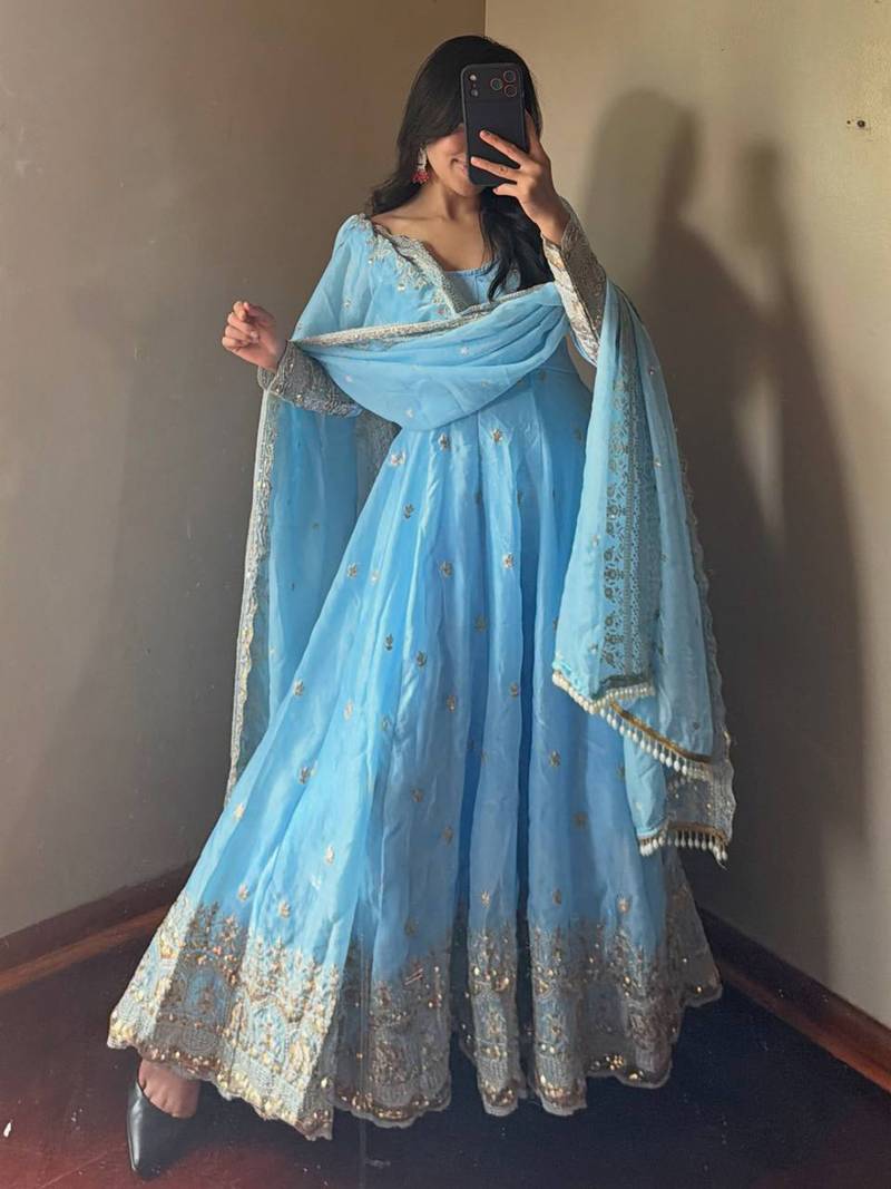 Skyblue fendy silk embroidered sequince work anarkali kurta set
