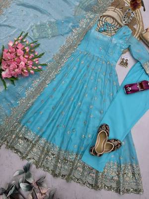 Skyblue fendy silk embroidered sequince work anarkali kurta set 2
