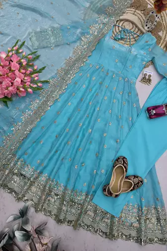 Skyblue fendy silk embroidered sequince work anarkali kurta set