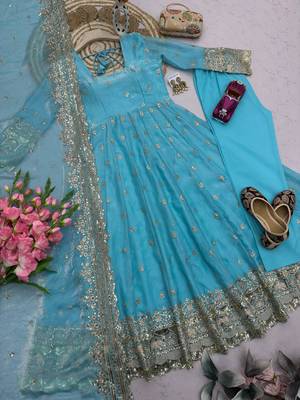 Skyblue fendy silk embroidered sequince work anarkali kurta set 4