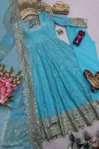 Skyblue fendy silk embroidered sequince work anarkali kurta set