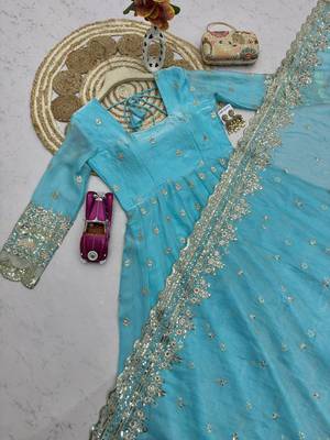 Skyblue fendy silk embroidered sequince work anarkali kurta set 5