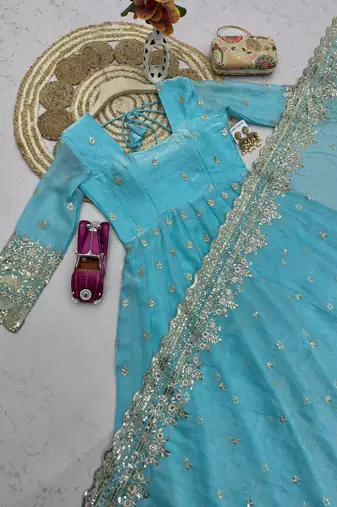 Skyblue fendy silk embroidered sequince work anarkali kurta set