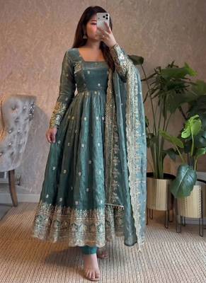 Teal fendy silk embroidered sequince work anarkali kurta set 1