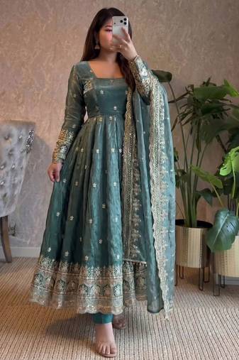 Teal fendy silk embroidered sequince work anarkali kurta set