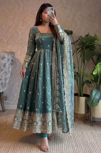 Teal fendy silk embroidered sequince work anarkali kurta set
