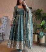 Teal fendy silk embroidered sequince work anarkali kurta set