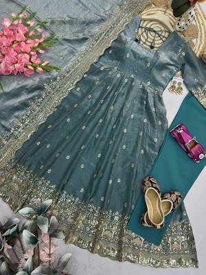 Teal fendy silk embroidered sequince work anarkali kurta set 2