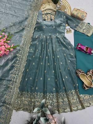 Teal fendy silk embroidered sequince work anarkali kurta set 3