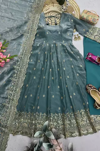 Teal fendy silk embroidered sequince work anarkali kurta set