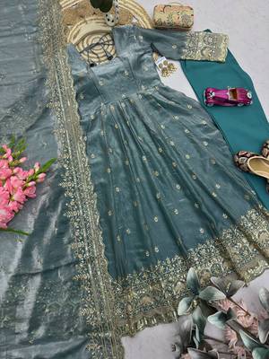 Teal fendy silk embroidered sequince work anarkali kurta set 4