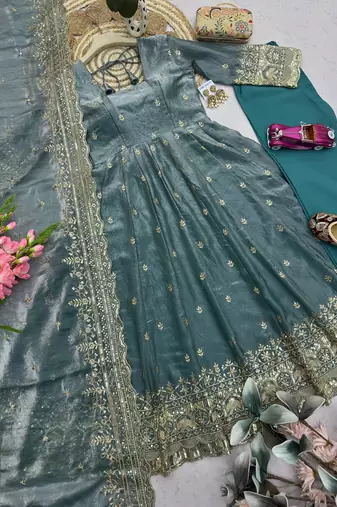 Teal fendy silk embroidered sequince work anarkali kurta set