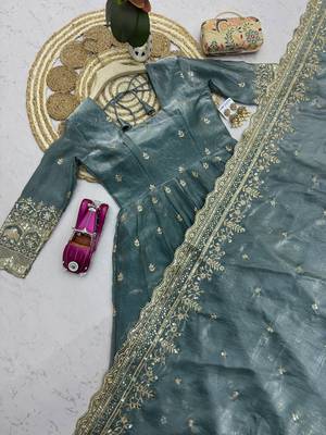 Teal fendy silk embroidered sequince work anarkali kurta set 5