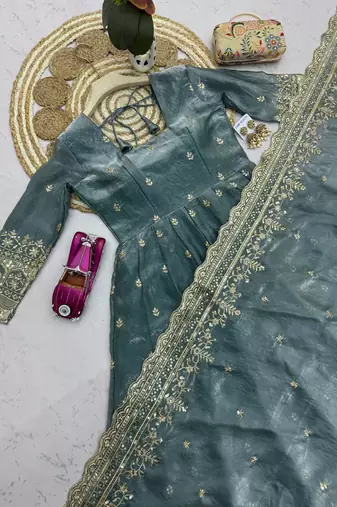 Teal fendy silk embroidered sequince work anarkali kurta set