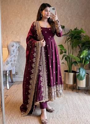 Wine fendy silk embroidered sequince work anarkali kurta set 1