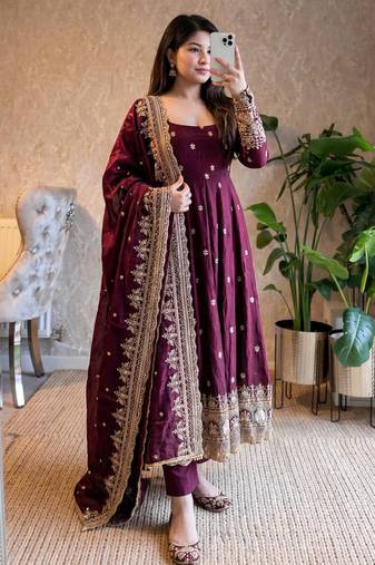 Wine fendy silk embroidered sequince work anarkali kurta set