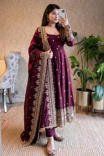 Wine fendy silk embroidered sequince work anarkali kurta set
