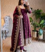 Wine fendy silk embroidered sequince work anarkali kurta set