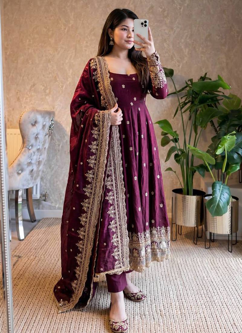 Wine fendy silk embroidered sequince work anarkali kurta set