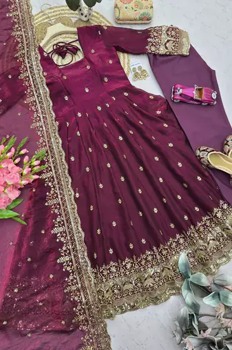 Wine fendy silk embroidered sequince work anarkali kurta set