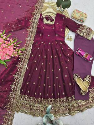 Wine fendy silk embroidered sequince work anarkali kurta set 3