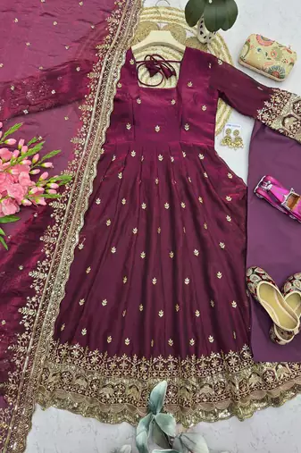Wine fendy silk embroidered sequince work anarkali kurta set