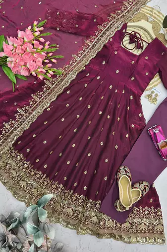 Wine fendy silk embroidered sequince work anarkali kurta set