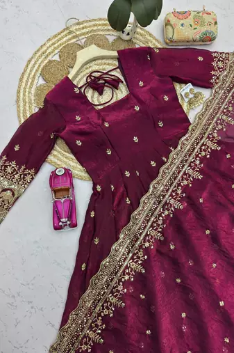 Wine fendy silk embroidered sequince work anarkali kurta set