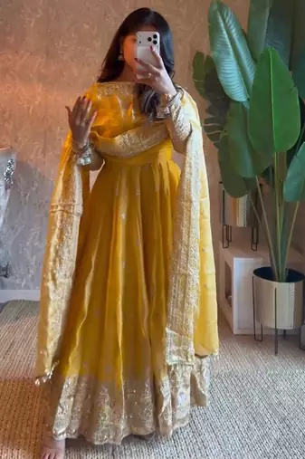 Yellow fendy silk embroidered sequince work anarkali kurta set