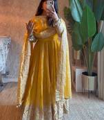 Yellow fendy silk embroidered sequince work anarkali kurta set