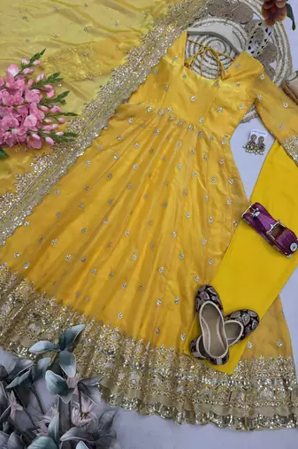 Yellow fendy silk embroidered sequince work anarkali kurta set